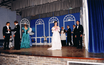 The stage in use by the Nunthorpe Players for a production of Lady Windermere's Fan